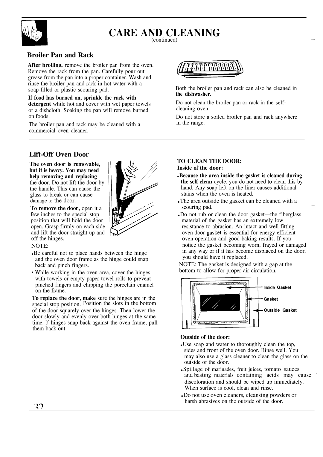 GE JSP40, JSP38 warranty Broiler Pan and Rack, Lift-Off Oven Door, Inside of the door, Outside of the door 