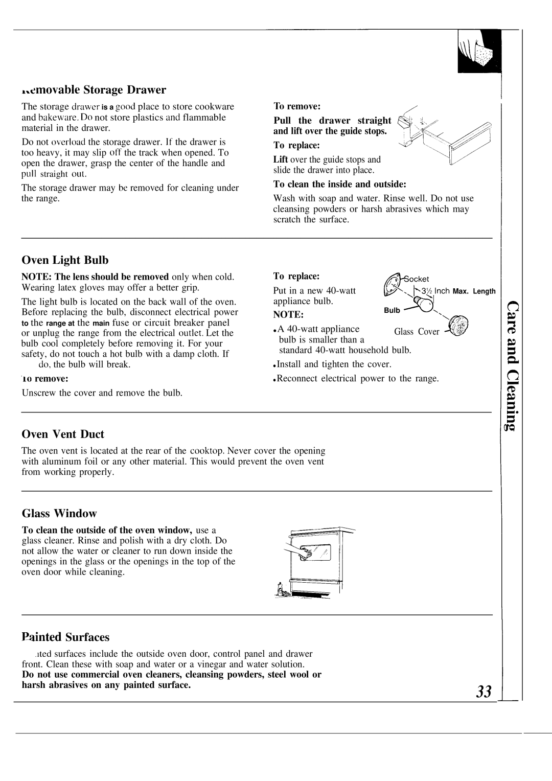 GE JSP38, JSP40 warranty ~.emovable Storage Drawer, Oven Light Bulb, Oven Vent Duct, Glass Window, Painted Surfaces 