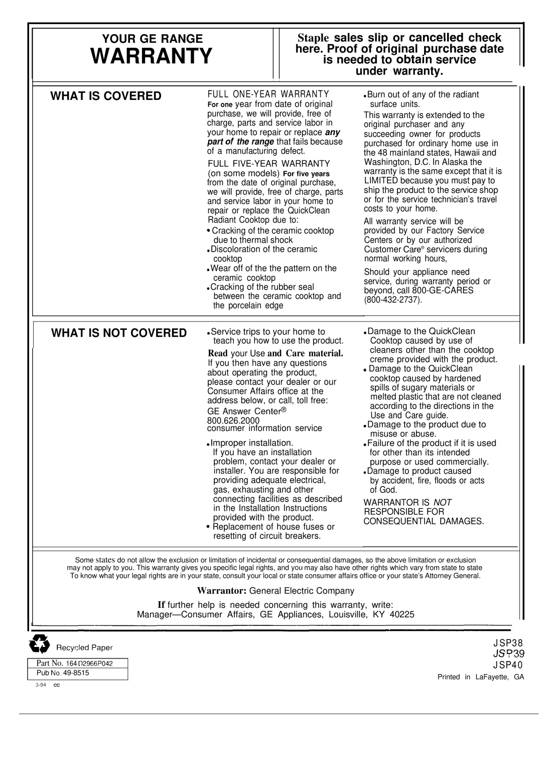 GE JSP40, JSP38 warranty Warranty 