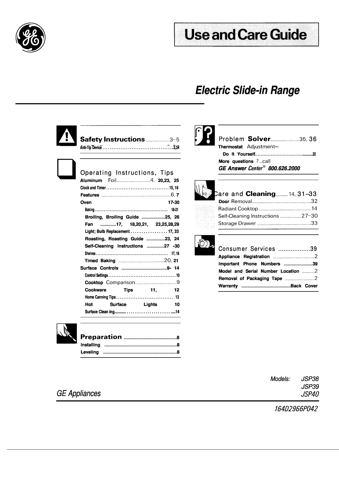 GE JSP38 warranty IiliiH, Electric Slide-in Range, GE Appliances, Operating Instructions, Tips, 14,...l4, 164D2966P042 