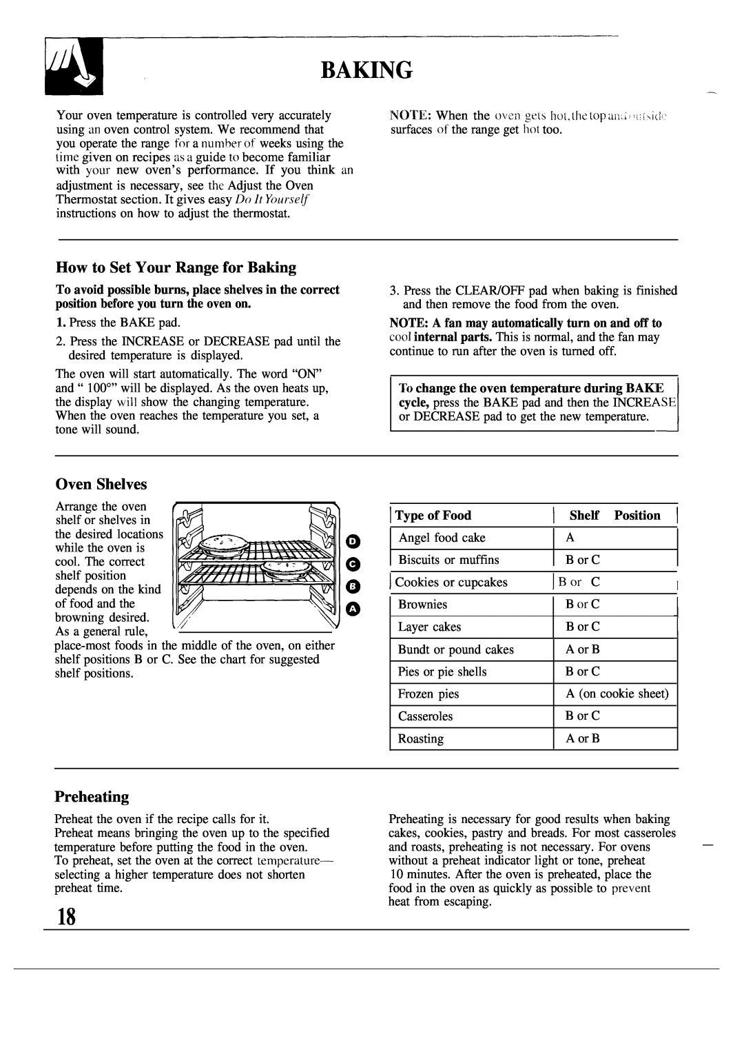 GE JSP40, JSP38 warranty How to Set Your Range for Baking, Preheating, Oven Shelves, Type of Food, Shelf Position 