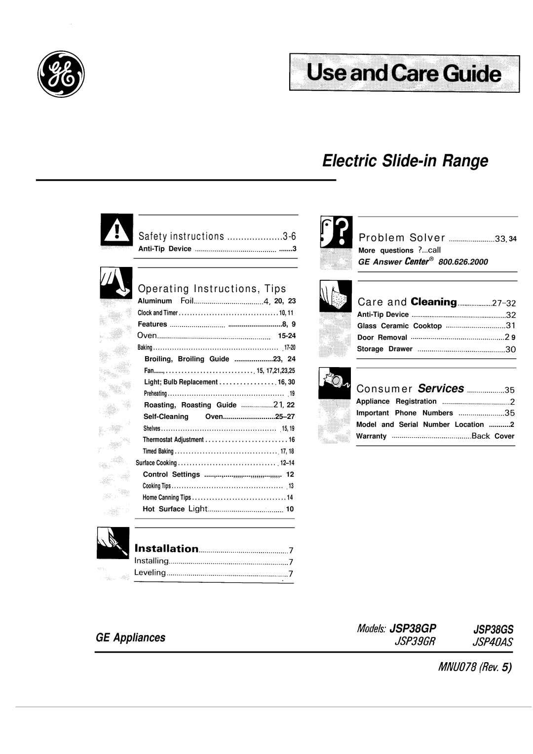 GE JSP39GR, JSP40AS, JSP38GS, JSP38GP warranty Electric Slide-in Range 