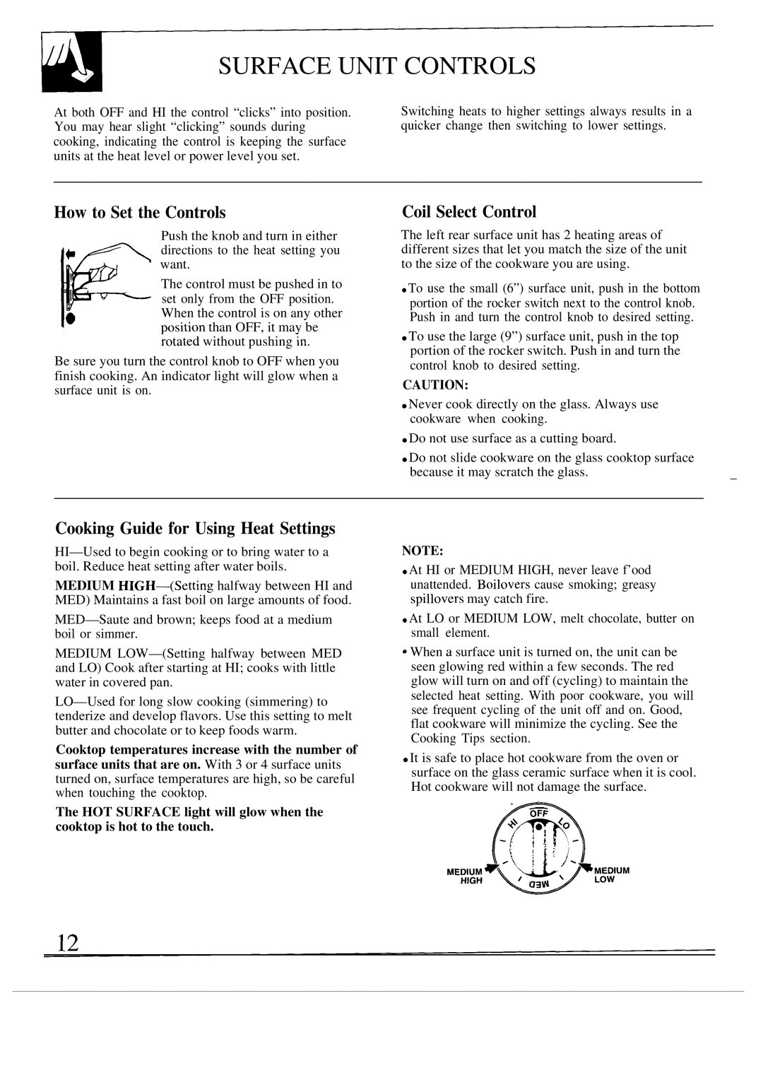 GE JSP40AS Surface Unit Controls, How to Set the Controls Coil Select Control, Cooking Guide for Using Heat Settings 