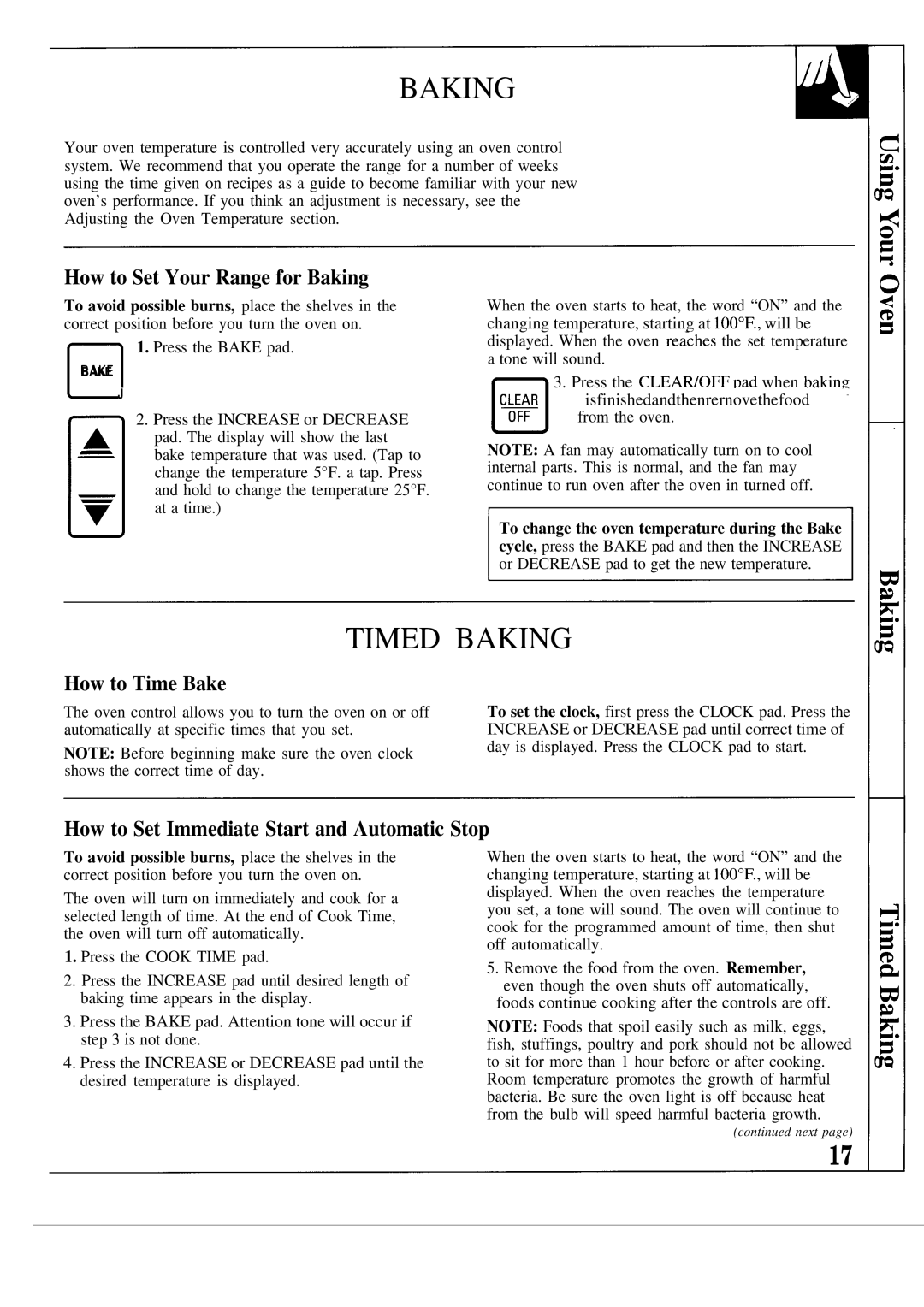 GE JSP39GR, JSP40AS, JSP38GS, JSP38GP warranty Timed Baking, How to Set Your Range for Baking, How to Time Bake 