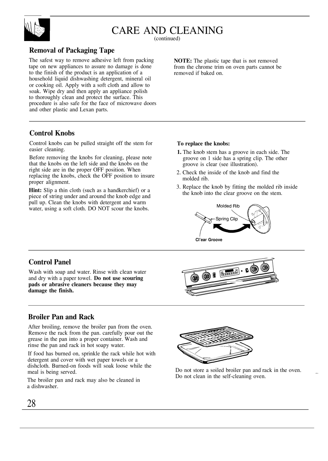 GE JSP40AS, JSP39GR Care and Cleaning, Removal of Packaging Tape, Control Knobs, Control Panel, Broiler Pan and Rack 