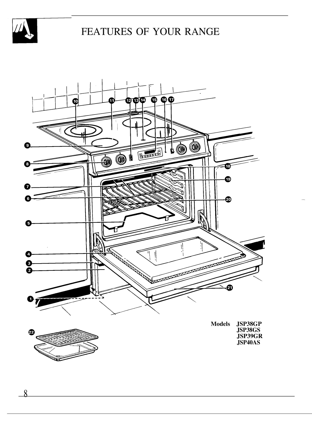 GE JSP38GP warranty Features of Your Range, JSP38GS JSP39GR JSP40AS 