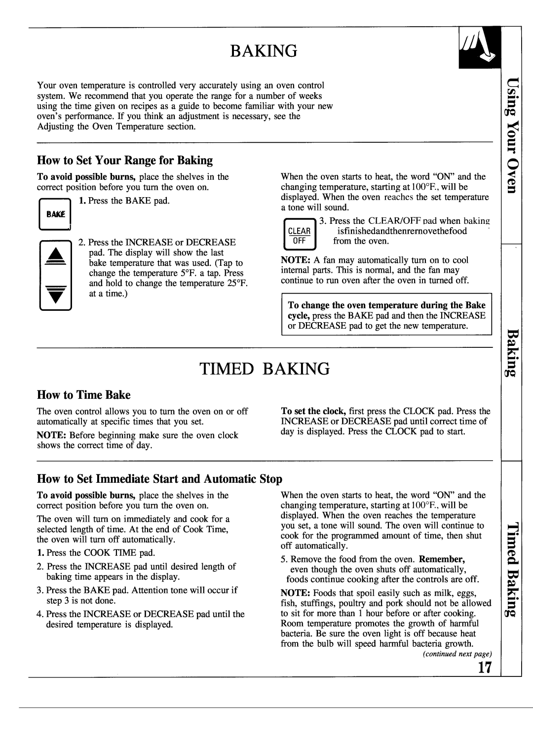 GE JSP39GR, JSP40AS, JSP38GS, JSP38GP warranty Timed Baking, How to Set Your Range for Baking, How to Time Bake 