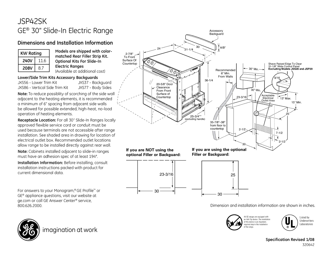 GE JSP42SKSS dimensions Dimensions and Installation Information, Lower/Side Trim Kits Accessory Backguards 