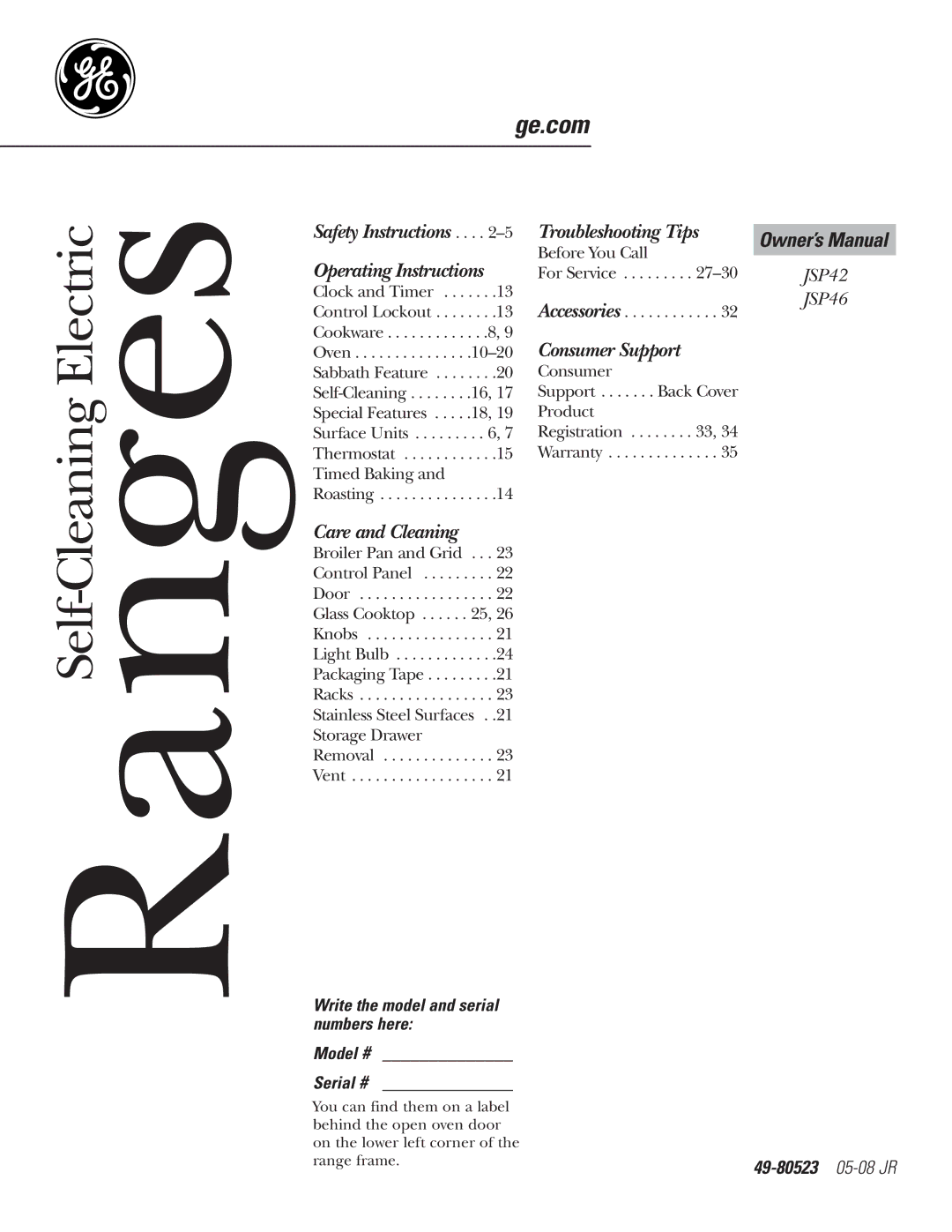 GE JSP46 owner manual RangesSelf-Cleaning Electric, Model # Serial # 