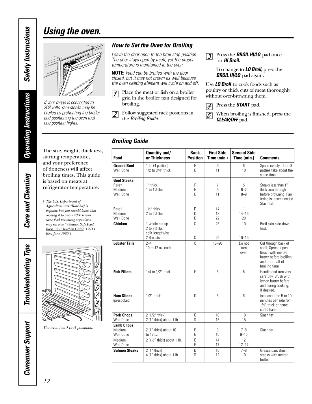 GE JSP46 owner manual How to Set the Oven for Broiling, Broiling Guide, For HI Broil 