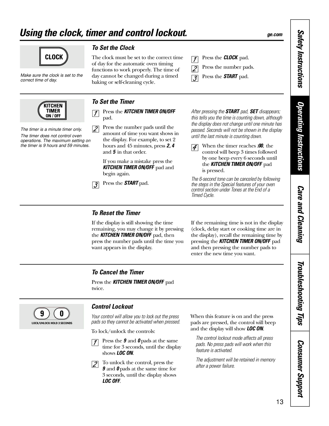 GE JSP46 owner manual Using the clock, timer and control lockout 