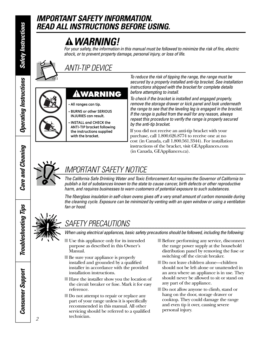 GE JSP46 owner manual ANTI-TIP Device, Consumer Support 