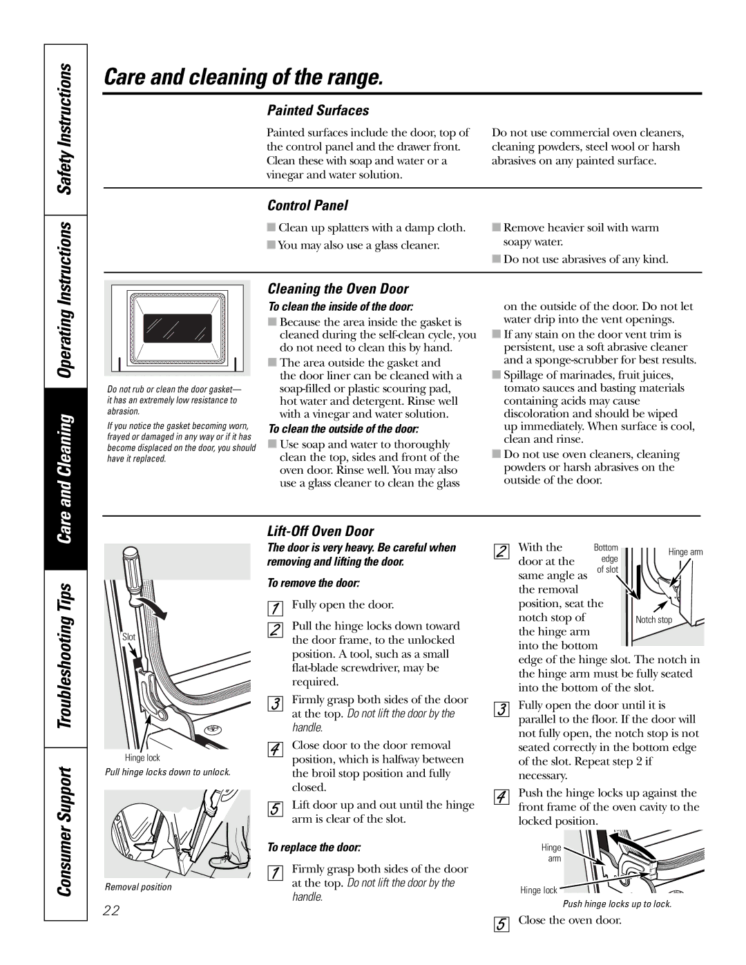 GE JSP46 Instructions Safety Instructions, Painted Surfaces, Control Panel, Cleaning the Oven Door, Lift-Off Oven Door 