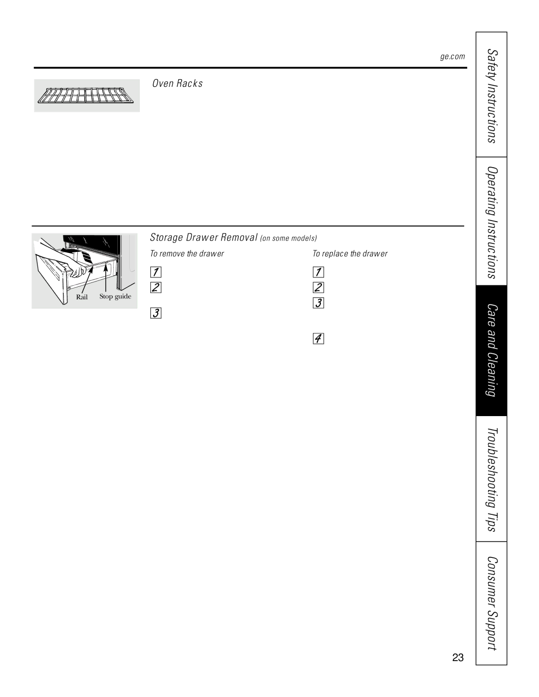 GE JSP46 owner manual Oven Racks, Storage Drawer Removal on some models, To remove the drawer 