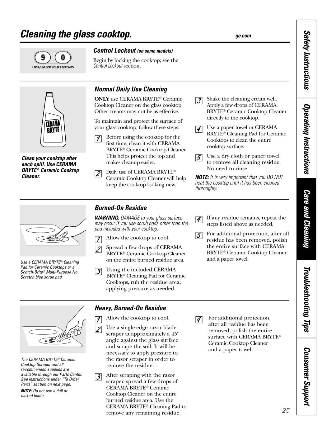 GE JSP46 owner manual Cleaning the glass cooktop, Tips Consumer Support 