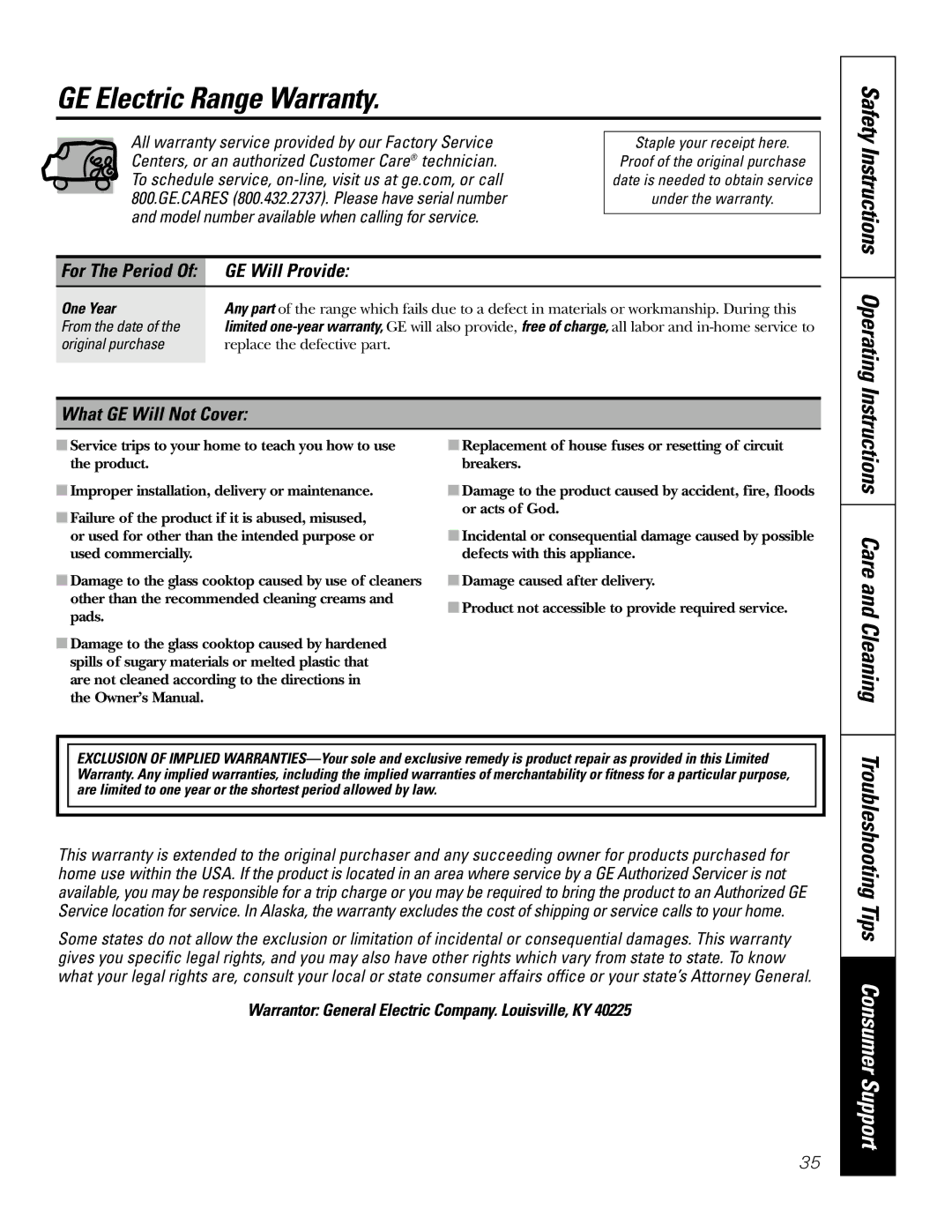 GE JSP46 GE Electric Range Warranty, Troubleshooting Tips Consumer Support, GE Will Provide, What GE Will Not Cover 