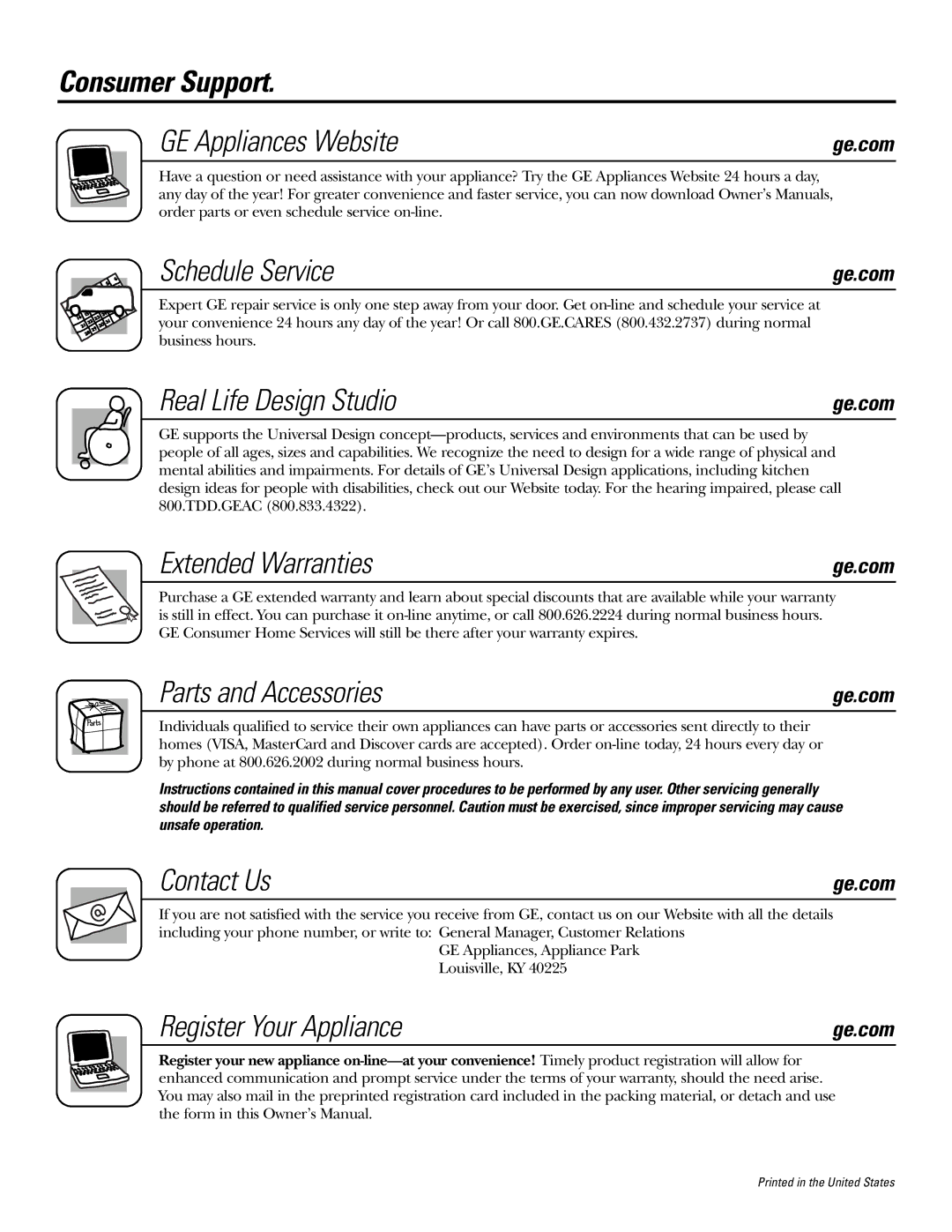 GE JSP46 Consumer Support GE Appliances Website, Schedule Service, Real Life Design Studio, Extended Warranties 