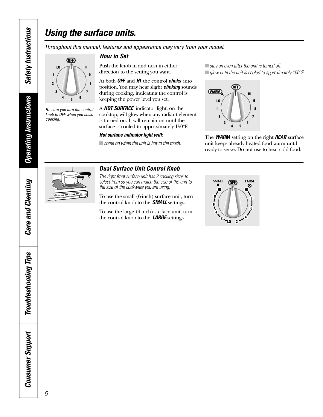 GE JSP46 Using the surface units, Instructions, Consumer Support Troubleshooting Tips Care and Cleaning, How to Set 