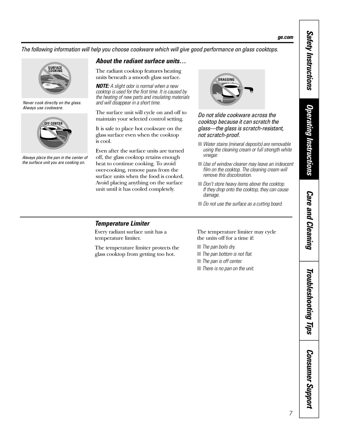 GE JSP46 SafetyInstructions, About the radiant surface units…, Temperature Limiter, Will disappear in a short time 