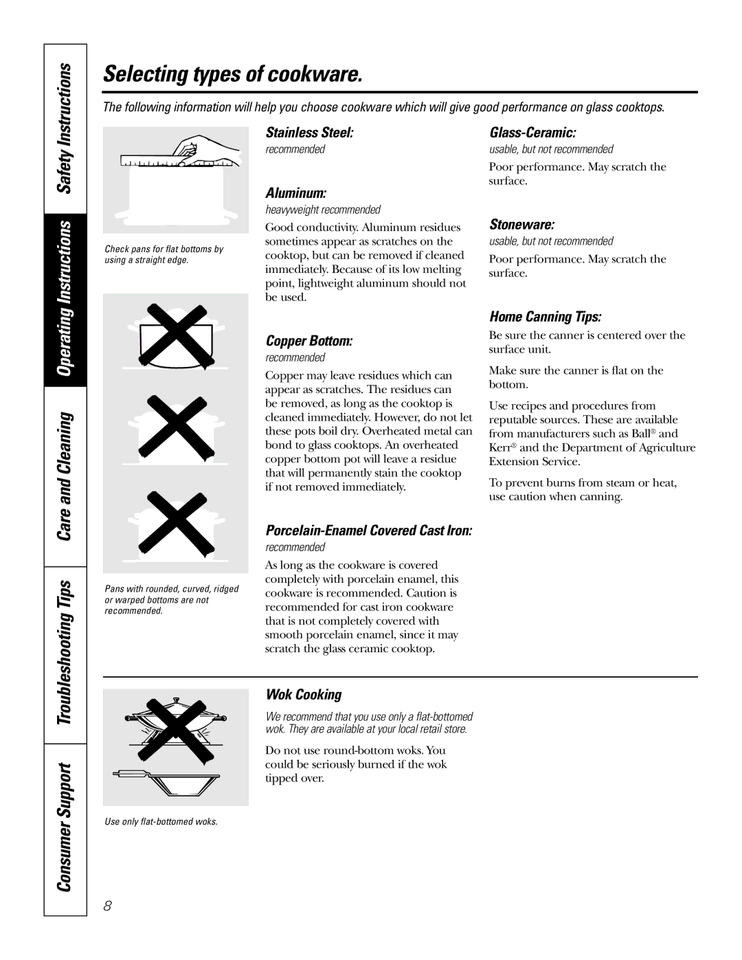 GE JSP46 owner manual Selecting types of cookware 