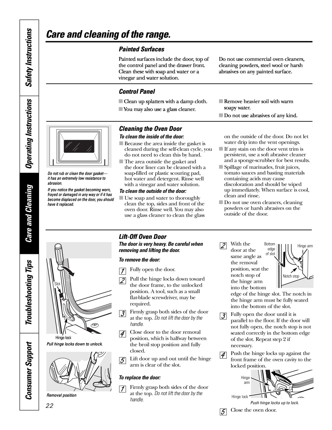 GE JSP46 Instructions Safety Instructions, and Cleaning Operating, Consumer Support Troubleshooting Tips Care, handle 