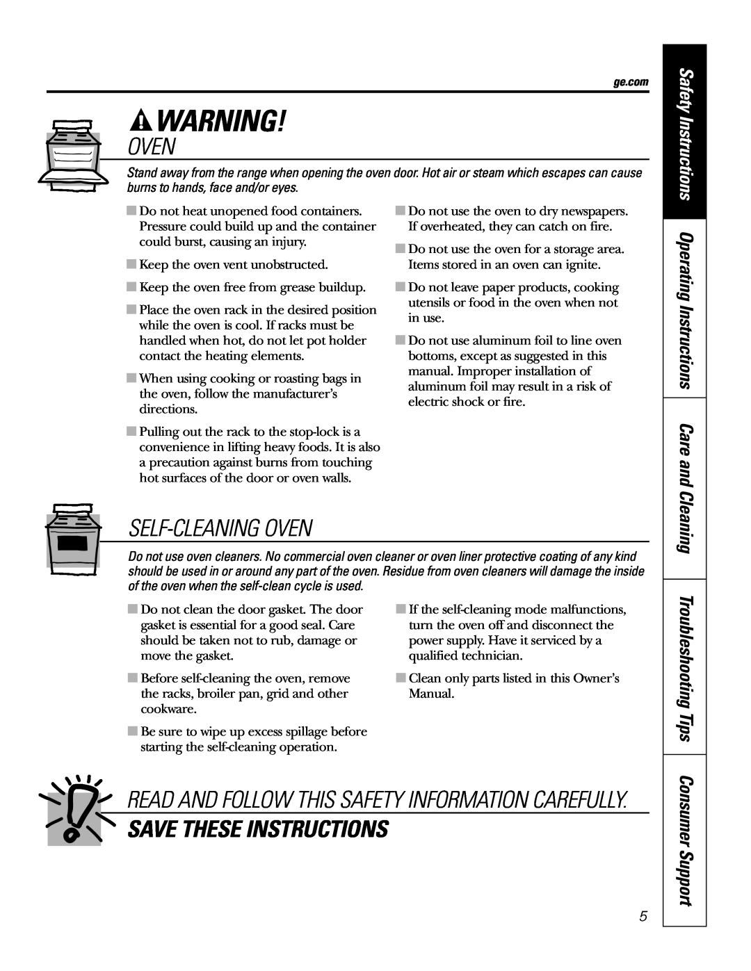 GE JSP46 owner manual Self-Cleaning Oven, Save These Instructions, OperatingInstructions Care and, Troubleshooting Tips 