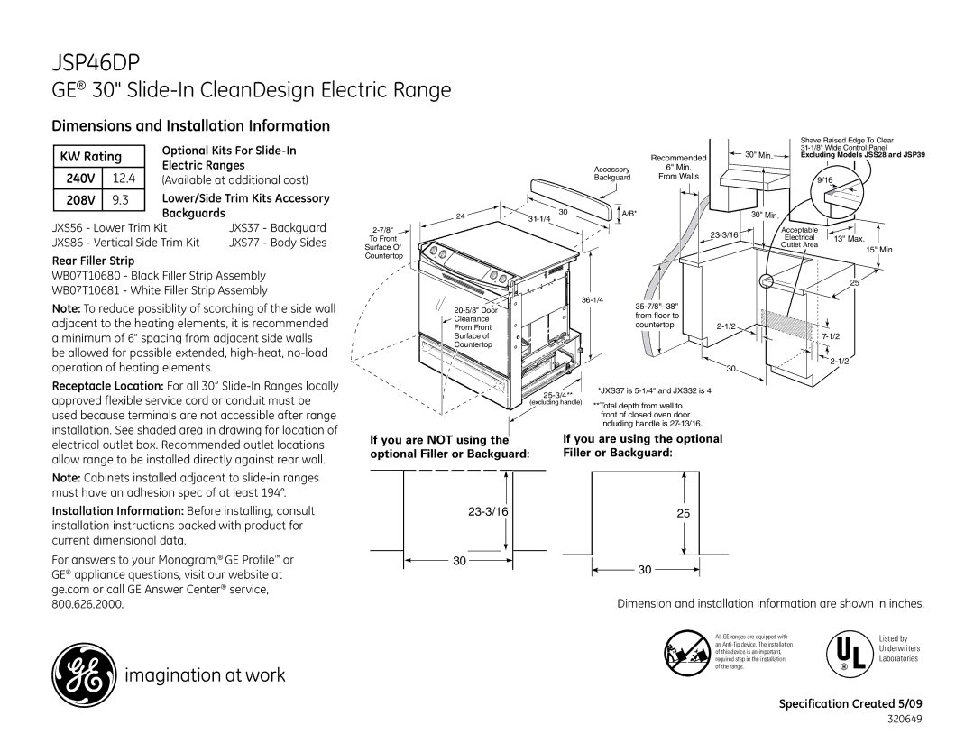 GE JSP46DPWW, JSP46DPBB dimensions Dimensions and Installation Information 