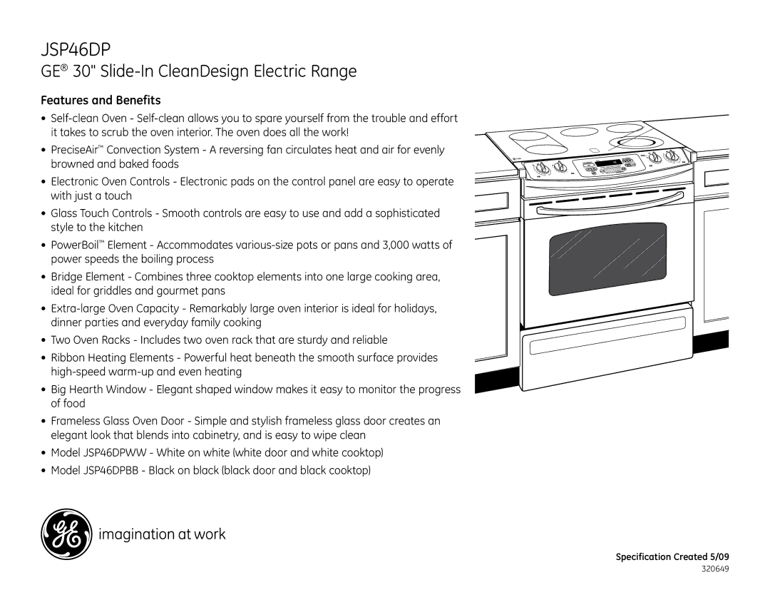 GE JSP46DPBB, JSP46DPWW dimensions Features and Benefits 