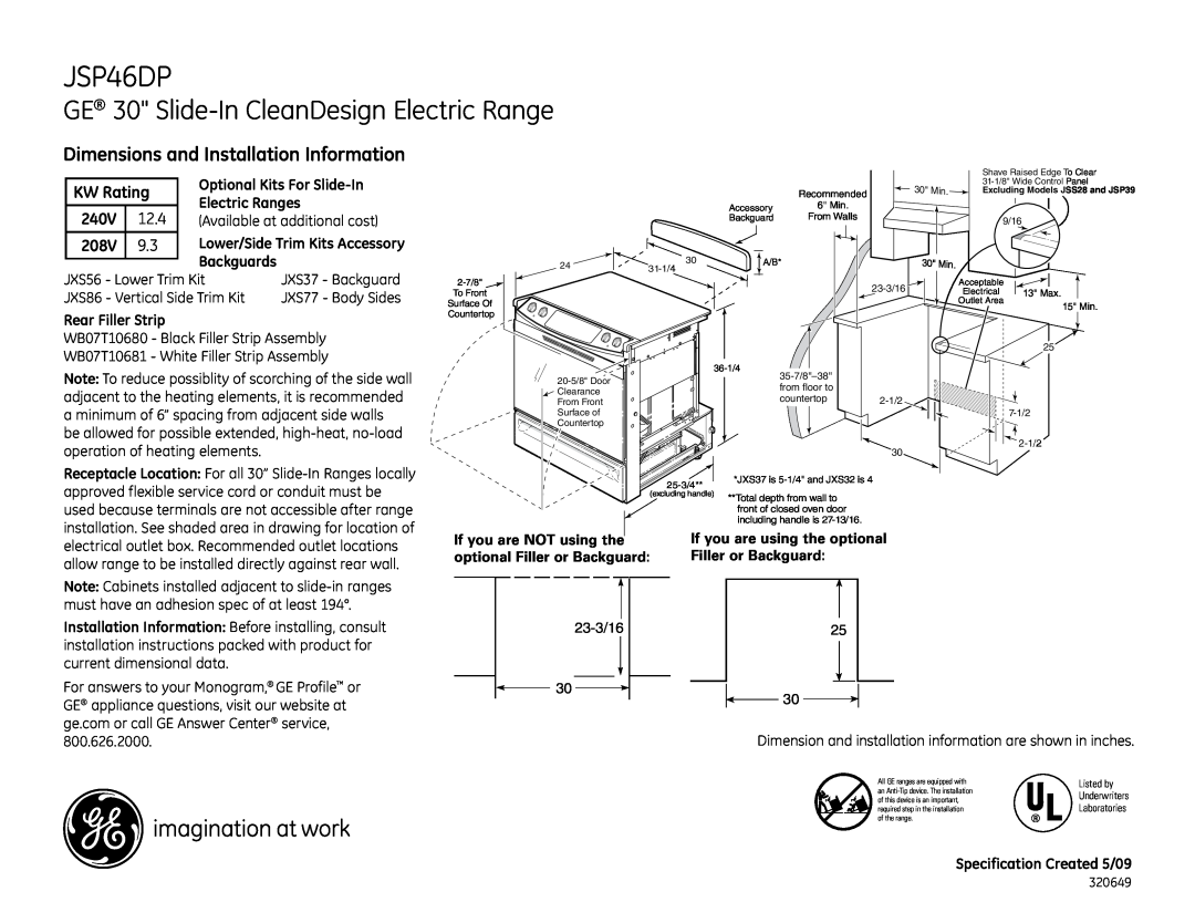 GE JSP46DPWW dimensions GE 30 Slide-In CleanDesign Electric Range, Dimensions and Installation Information, KW Rating 