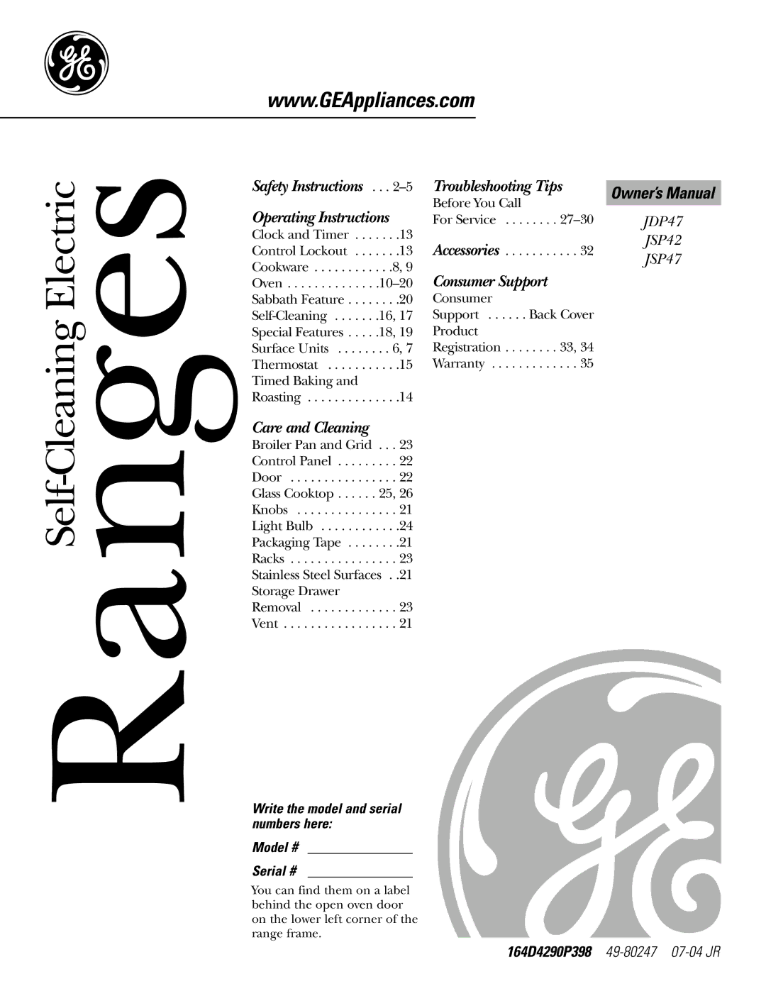 GE JSP42, JSP47 owner manual RangesSelf-Cleaning Electric, Model # Serial # 