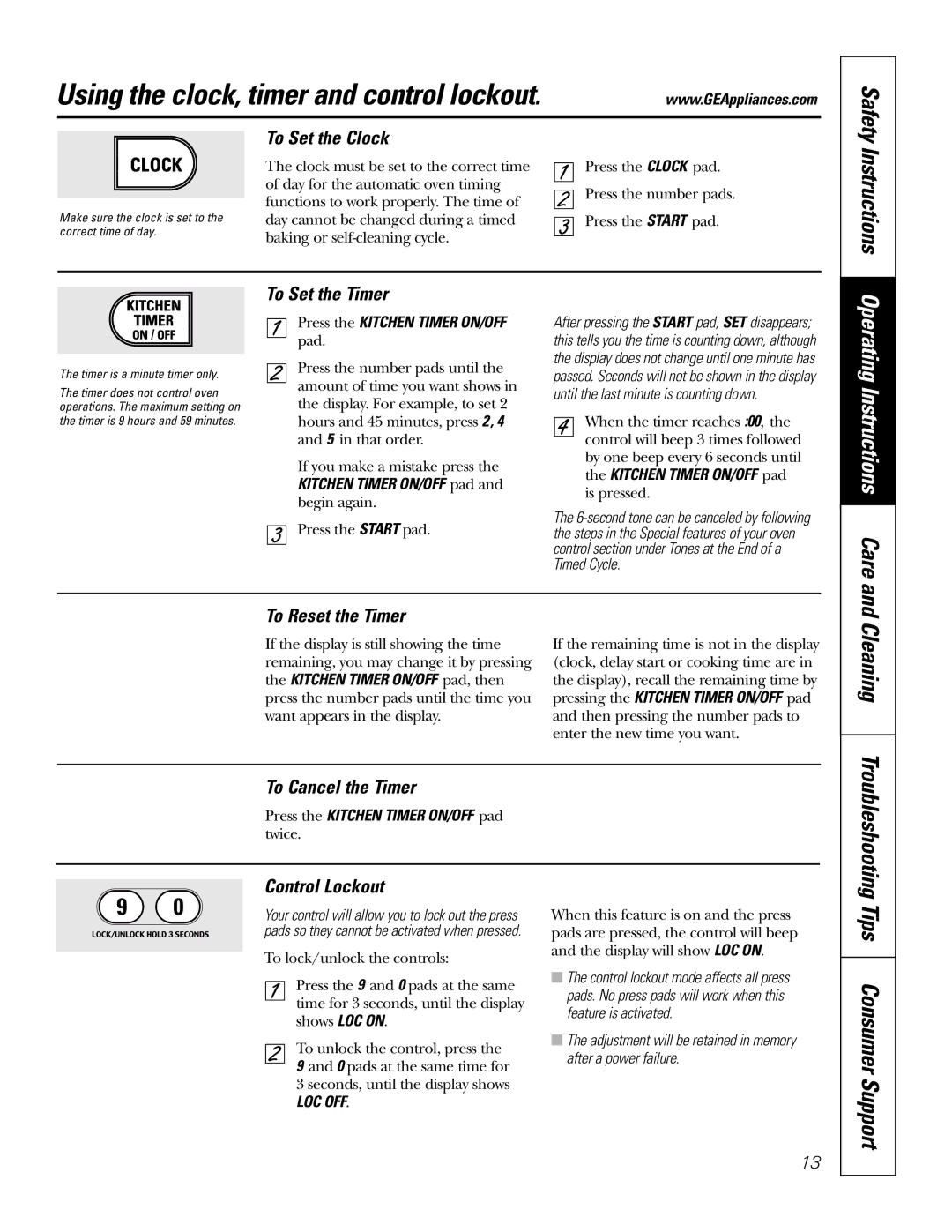 GE JSP42, JSP47 owner manual Using the clock, timer and control lockout, Tips Consumer Support 