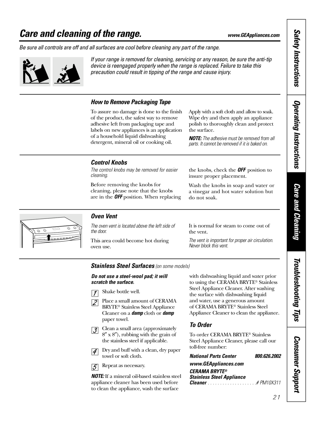 GE JSP42, JSP47 owner manual Care and cleaning of the range 