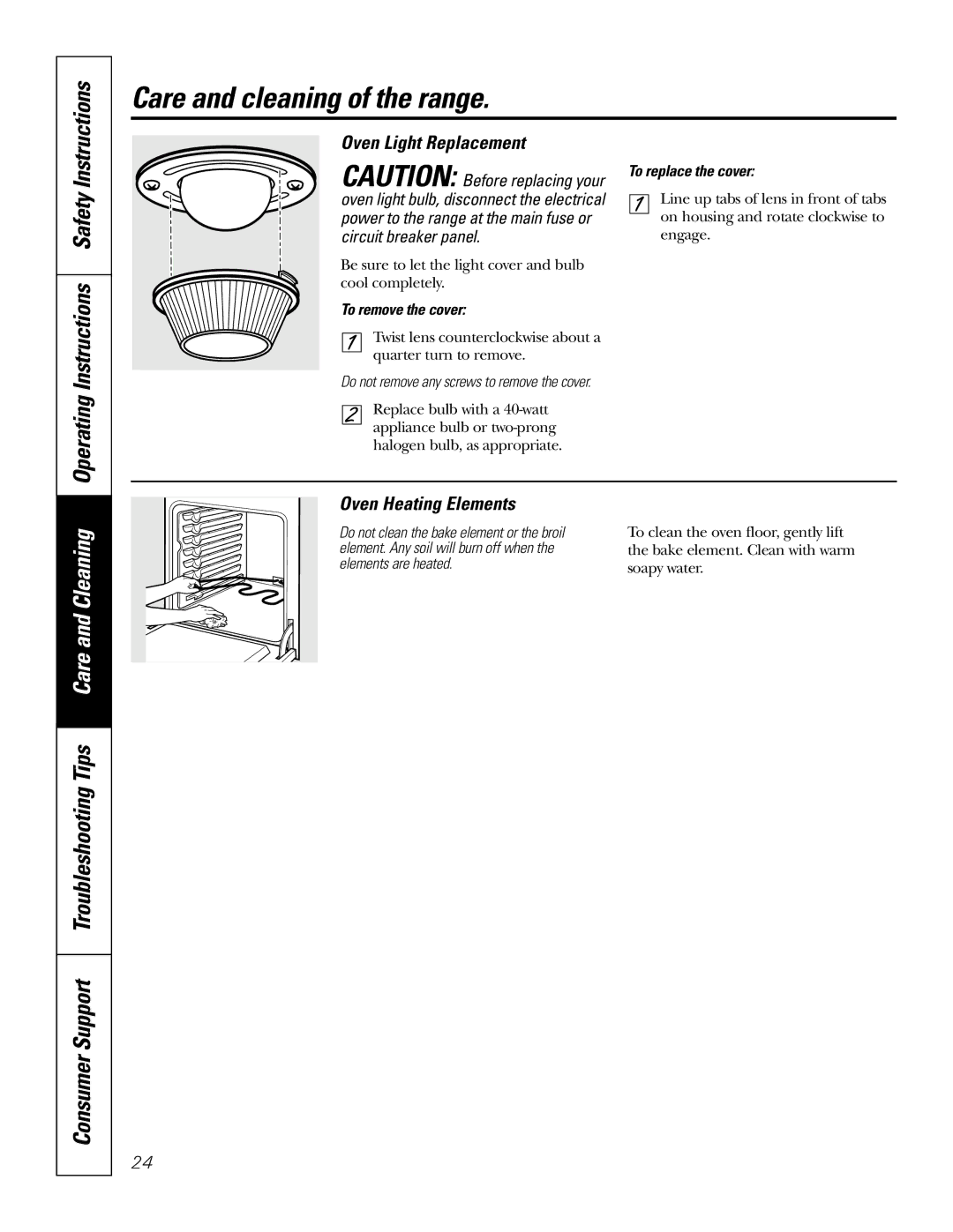 GE JSP47, JSP42 owner manual Oven Light Replacement, Oven Heating Elements, To remove the cover, To replace the cover 