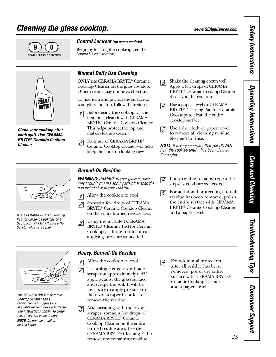 GE JSP42, JSP47 owner manual Cleaning the glass cooktop, Tips Consumer Support, Operating Instructions Care 