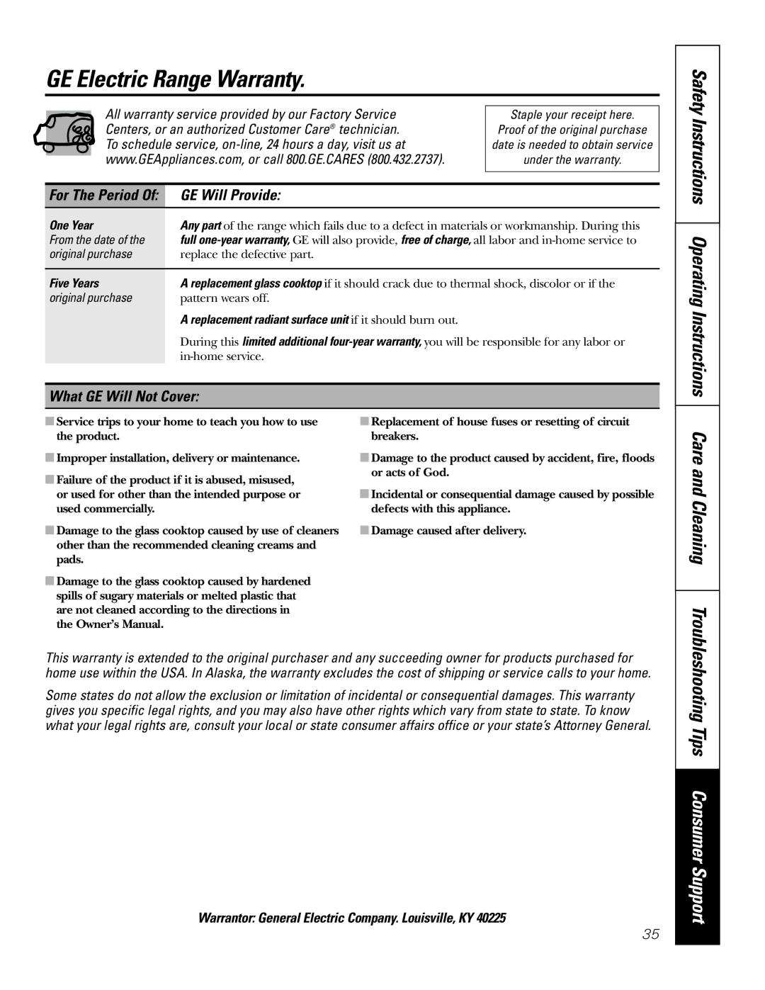 GE JSP42 GE Electric Range Warranty, Safety Instructions Operating Instructions, Troubleshooting Tips Consumer Support 