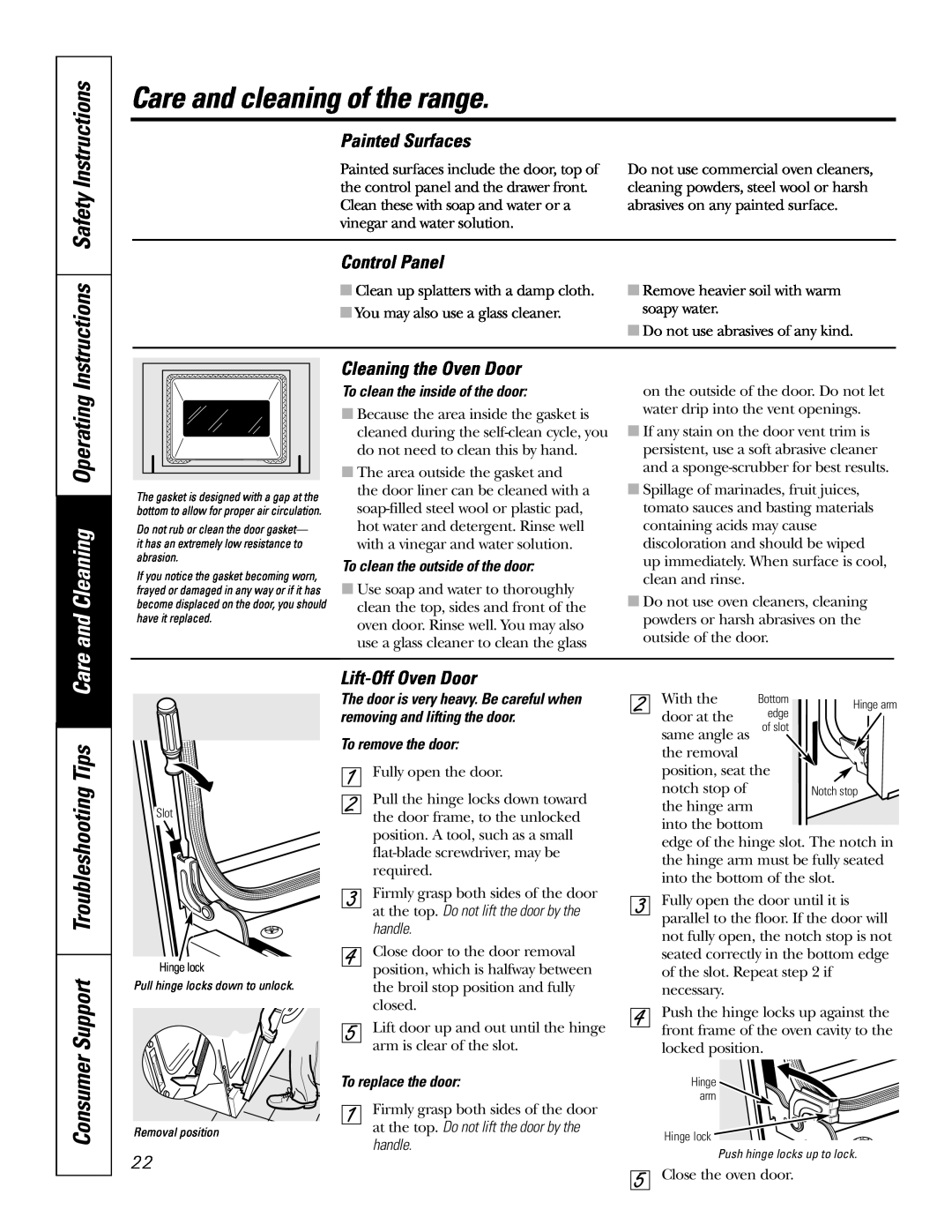 GE JSP47 Instructions Safety Instructions, and Cleaning Operating, Consumer Support Troubleshooting Tips Care, handle 