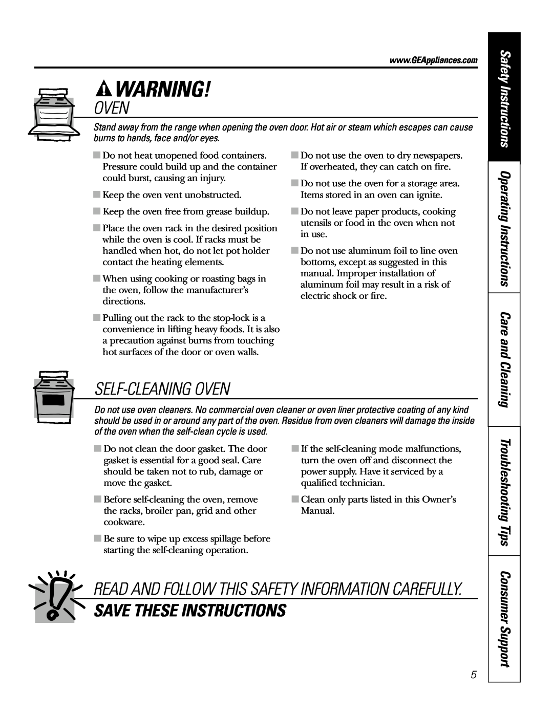GE JSP42, JSP47 Self-Cleaning Oven, Save These Instructions, Operating Instructions Care and, Troubleshooting Tips 