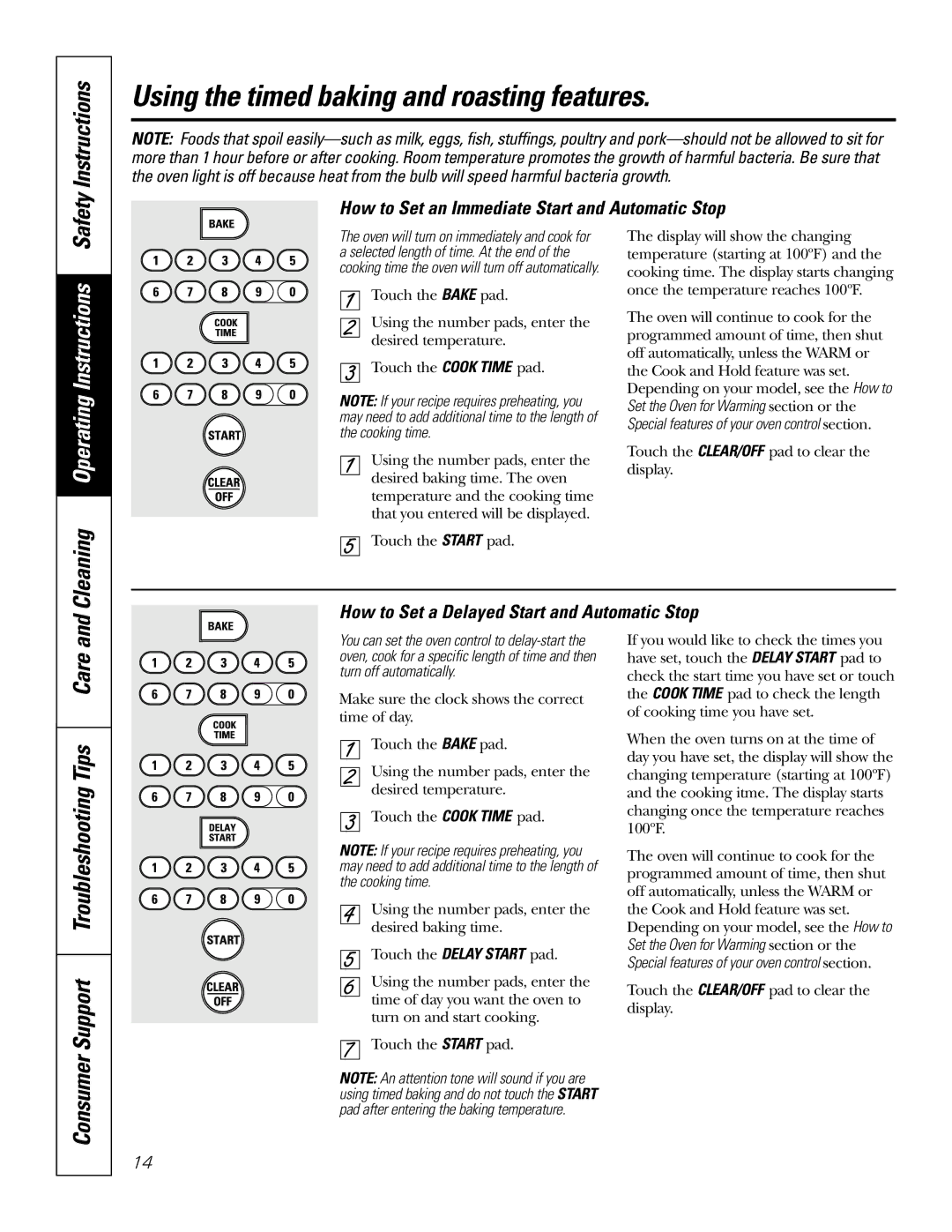 GE JSP57 owner manual Using the timed baking and roasting features, Safety Instructions, Support Troubleshooting Tips Care 