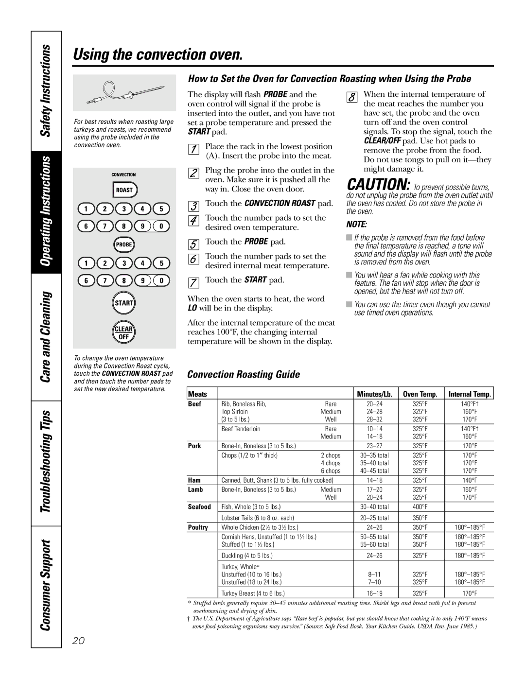 GE JSP57 owner manual Cleaning Operating Instructions Safety, Convection Roasting Guide 