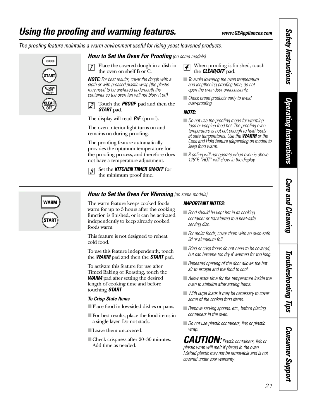 GE JSP57 Using the proofing and warming features, How to Set the Oven For Proofing on some models, To Crisp Stale Items 