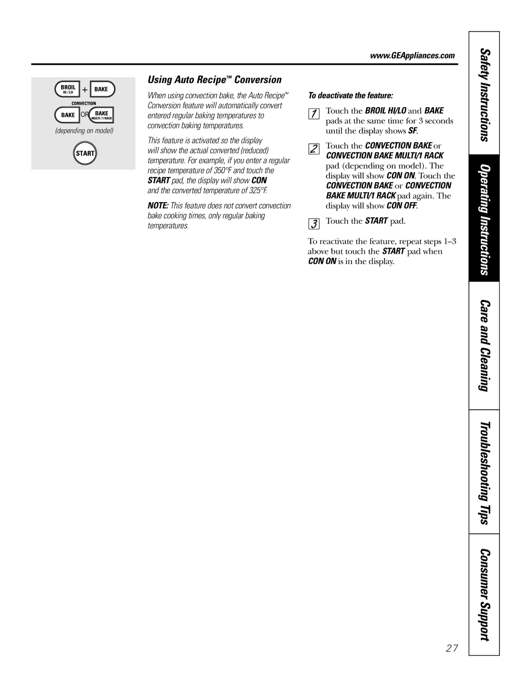 GE JSP57 owner manual Convection baking temperatures, Converted temperature of 325F, To deactivate the feature 