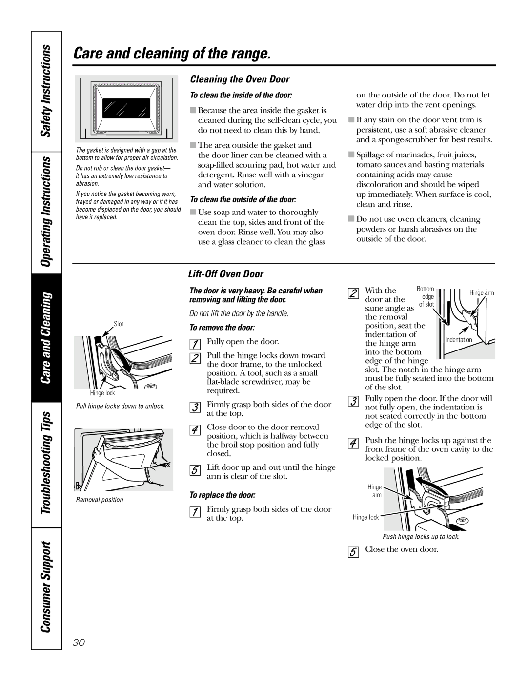 GE JSP57 Operating Instructions Safety, Troubleshooting Tips Care and Cleaning, Cleaning the Oven Door, Lift-Off Oven Door 