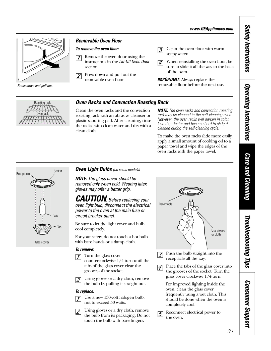 GE JSP57 Instructions Care, Instructions Operating, Removable Oven Floor, Oven Racks and Convection Roasting Rack 