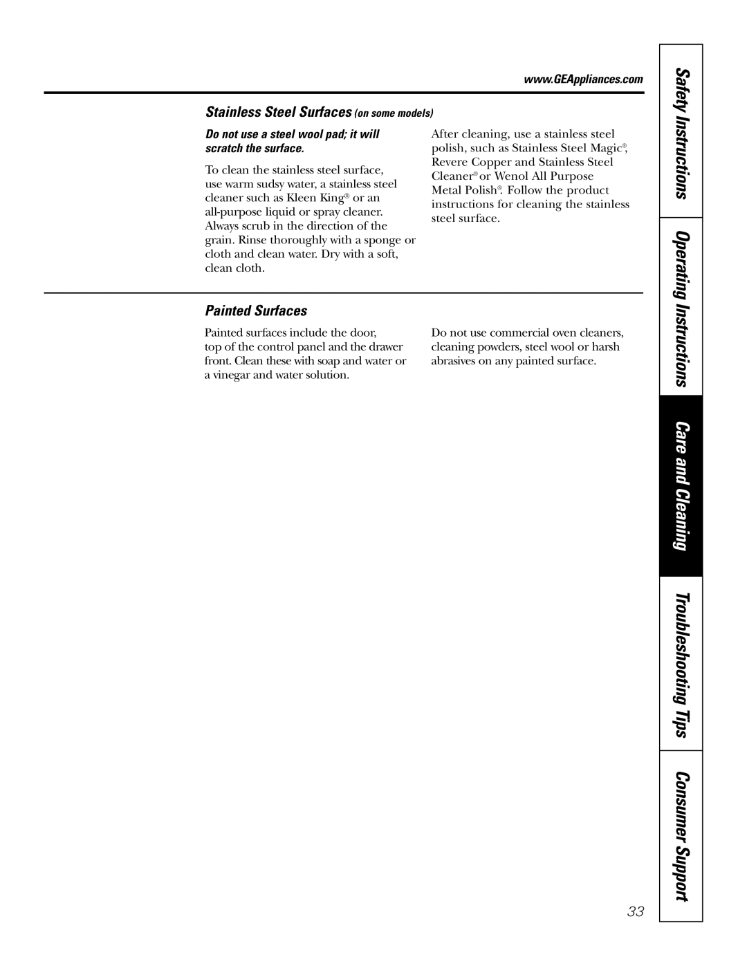 GE JSP57 owner manual Stainless Steel Surfaces on some models, Painted Surfaces 