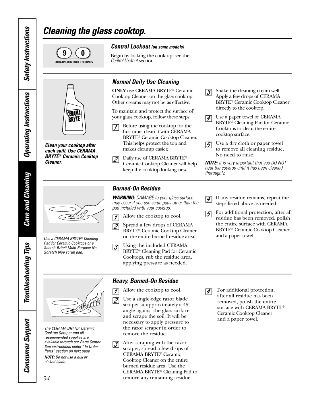 GE JSP57 owner manual Cleaning the glass cooktop, Cleaning Operating Instructions 