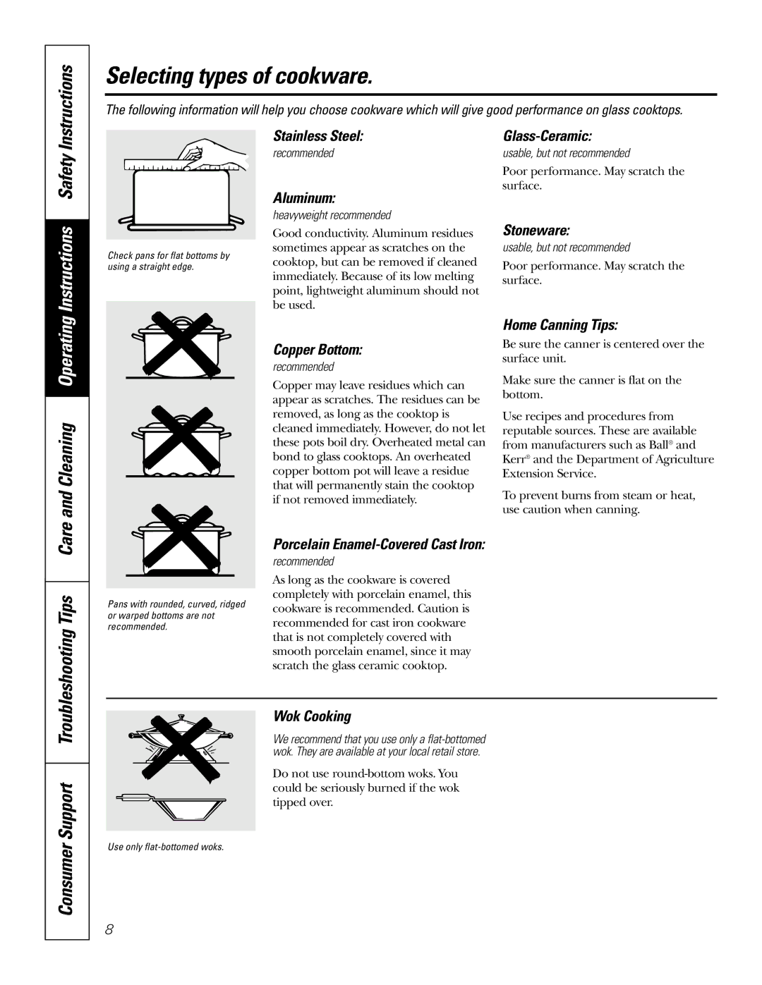 GE JSP57 owner manual Selecting types of cookware 