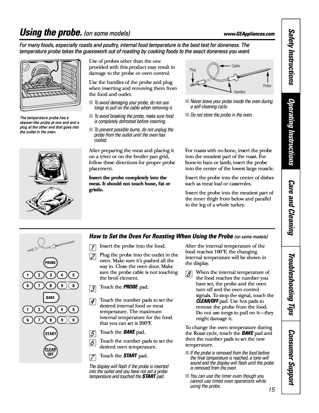 GE JSP57 owner manual Using the probe. on some models, Troubleshooting Tips Consumer Support, Care and Cleaning, Safety 