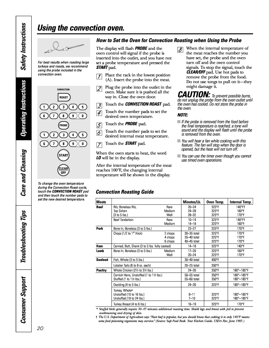 GE JSP57 and Cleaning Operating Instructions Safety, Consumer Support Troubleshooting Tips Care, Convection Roasting Guide 