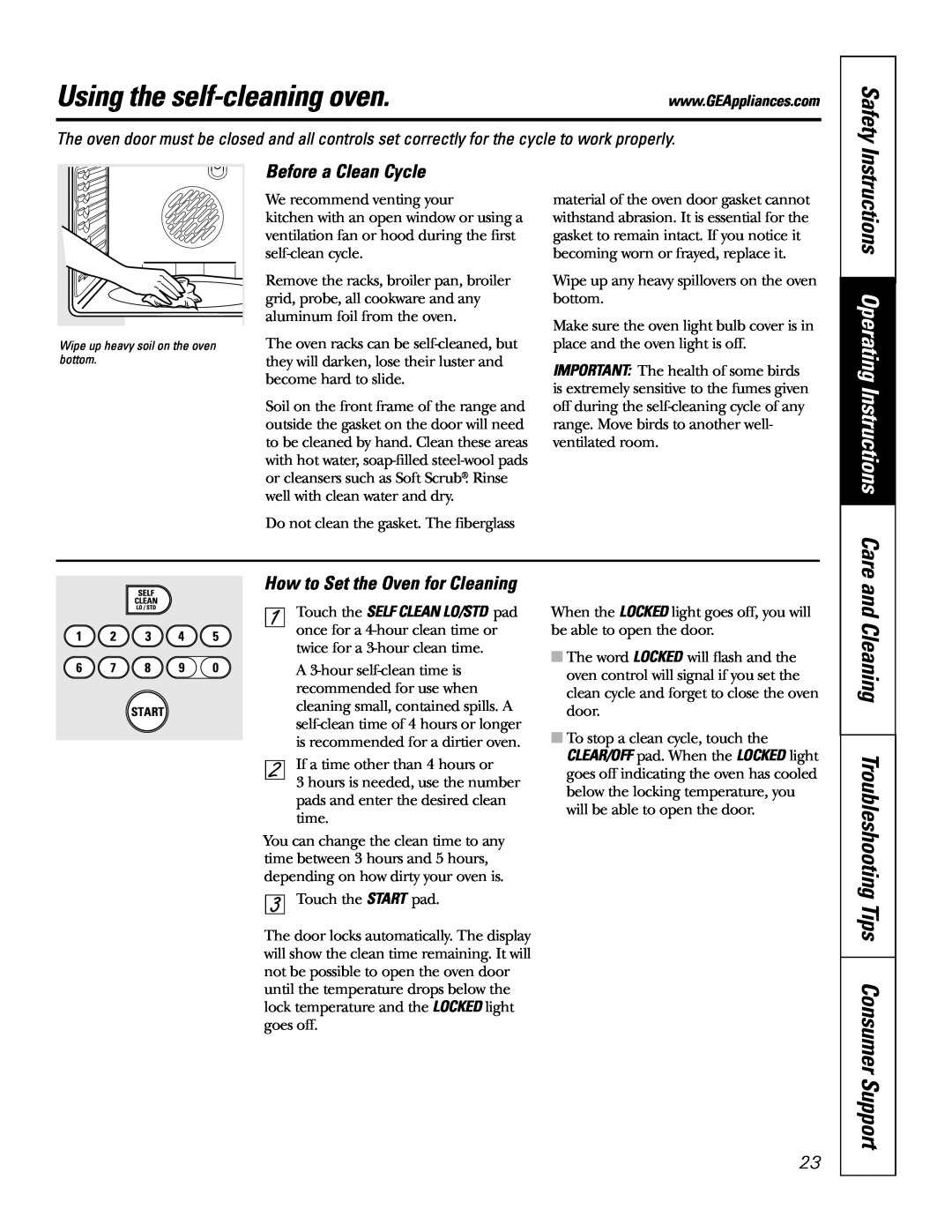 GE JSP57 owner manual Using the self-cleaningoven, Instructions Operating Instructions Care, Before a Clean Cycle, Safety 