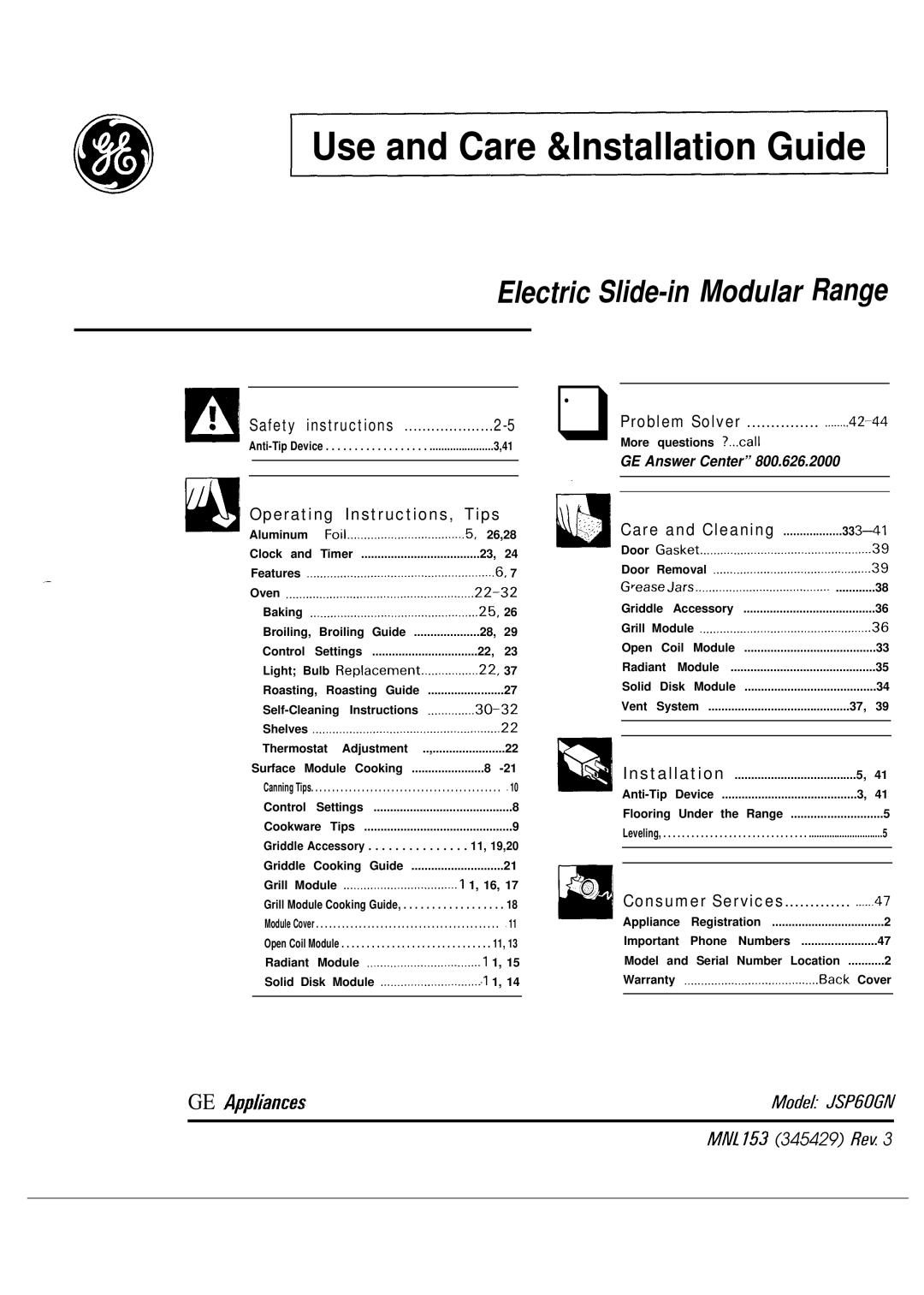 GE JSP60GN manual Use and Care &Installation Guide 